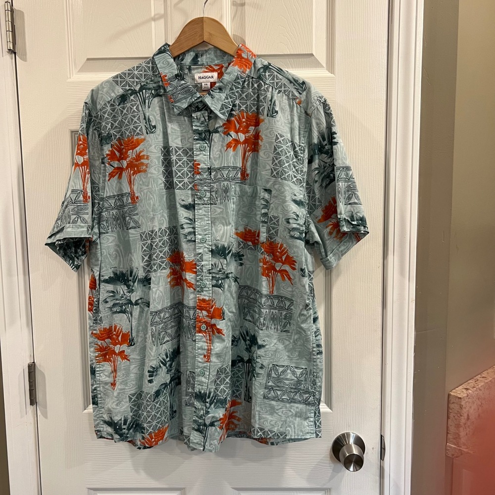 Haggar Mens XXL Tropical Palm Tree Geometric Print Cotton Button Down Shirt Blue